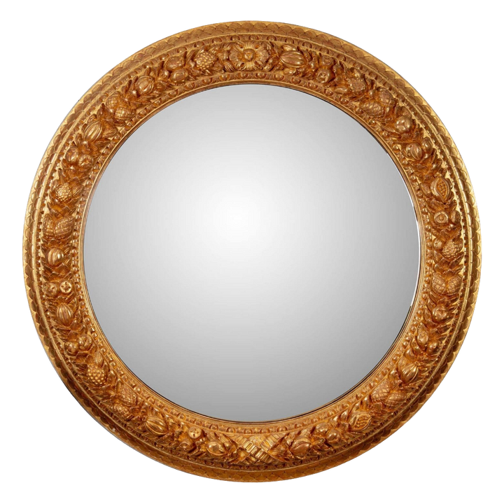 Monumental 5ft Round Italian Mirror with large giltwood frame carved with fruits and foliage, 19th century Italian design.