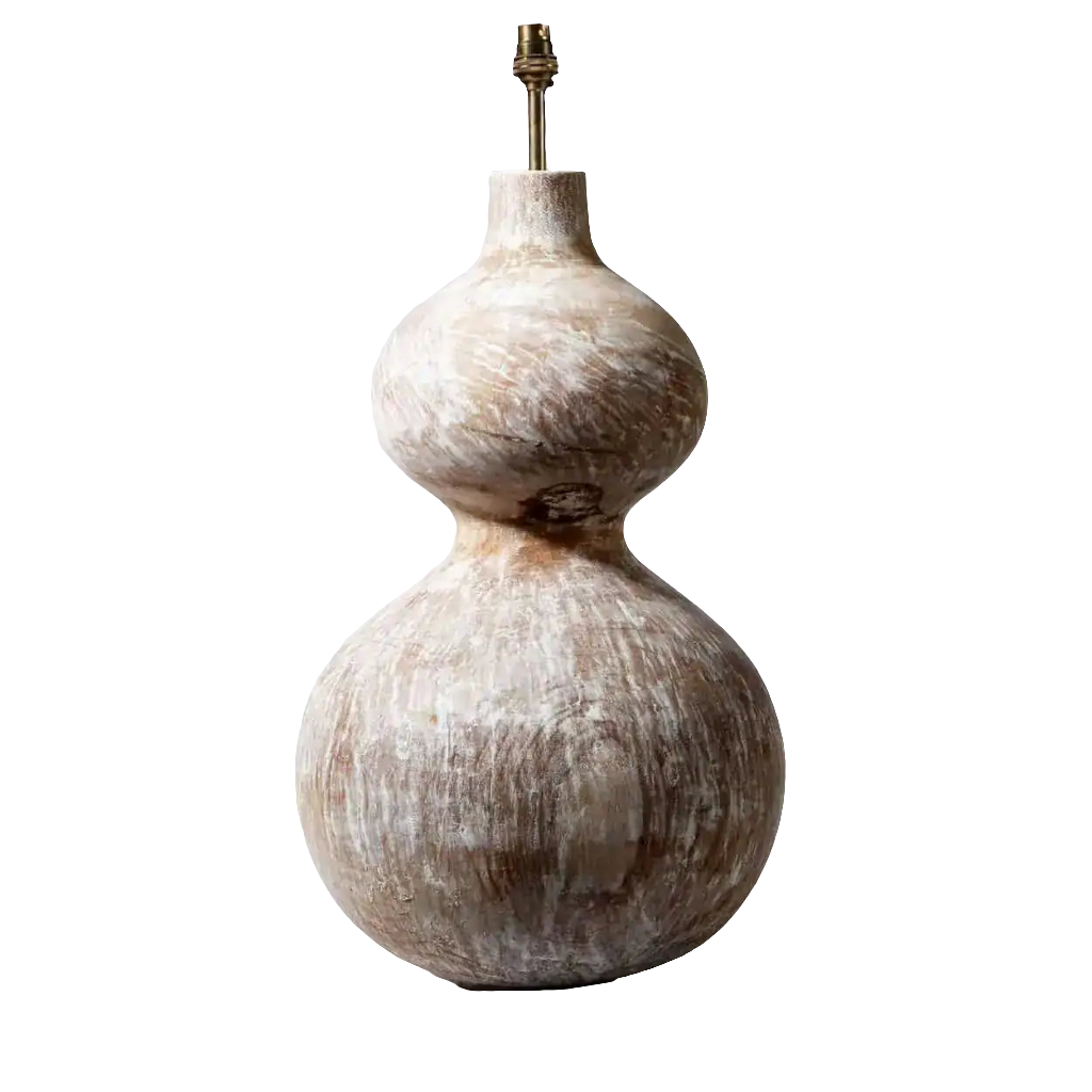 A Wooden Double Gourd Lamp with a rustic finish, 58.5 cm tall and 35 cm diameter, vintage France circa 2000.