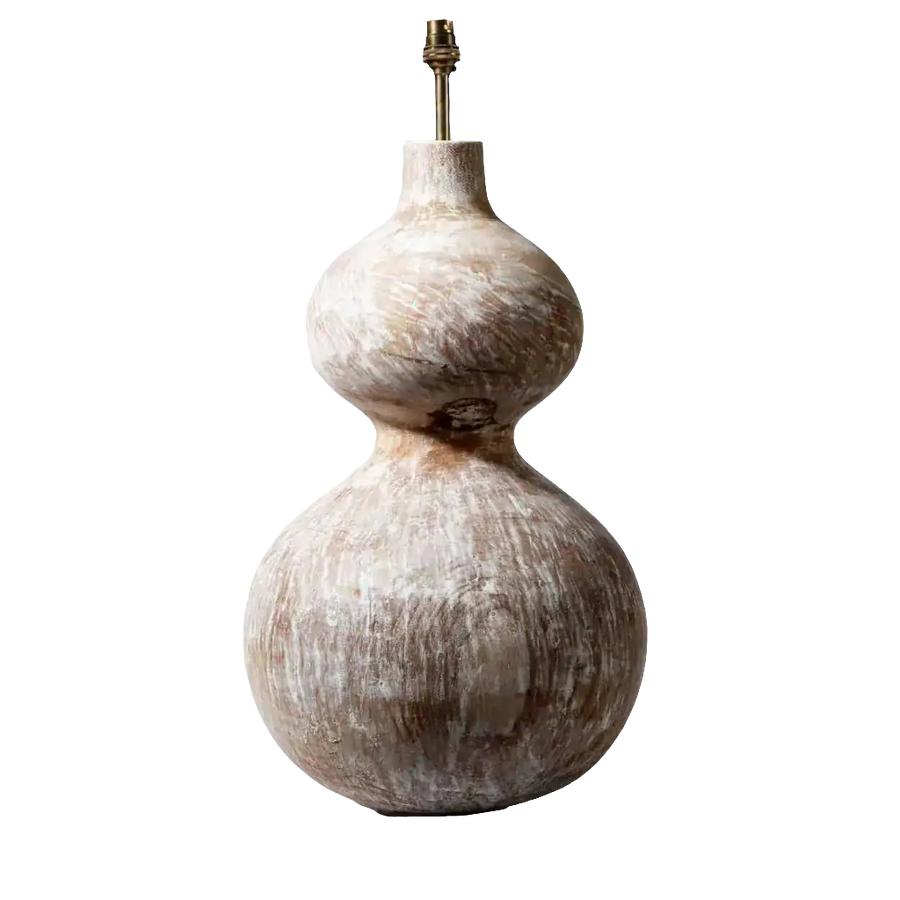 A Wooden Double Gourd Lamp with a rustic finish, 58.5 cm tall and 35 cm diameter, vintage France circa 2000.