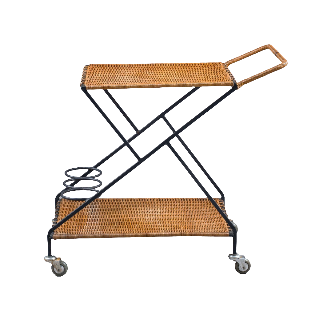 Mid Century Rattan and wrought Iron Drinks Trolley