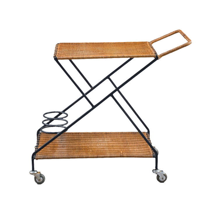 Mid Century Rattan and wrought Iron Drinks Trolley