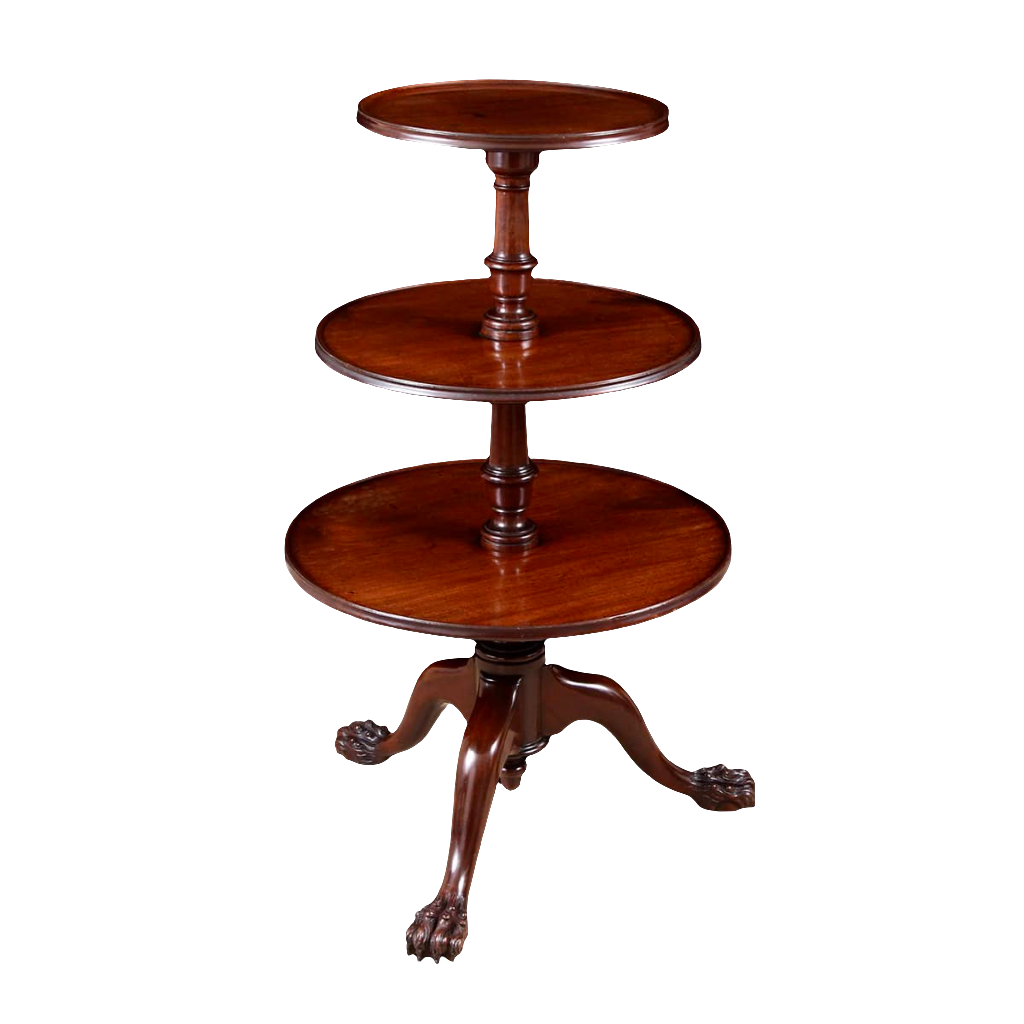 George II Mahogany Revolving Dumbwaiter with three tiers and hairy paw feet in Chippendale style circa 1750.