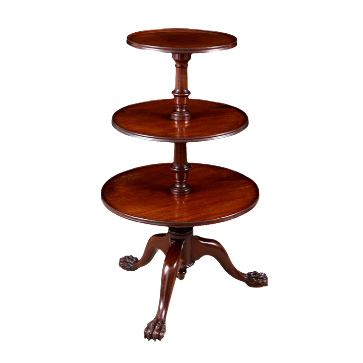 George II Mahogany Revolving Dumbwaiter with three tiers and hairy paw feet in Chippendale style circa 1750.