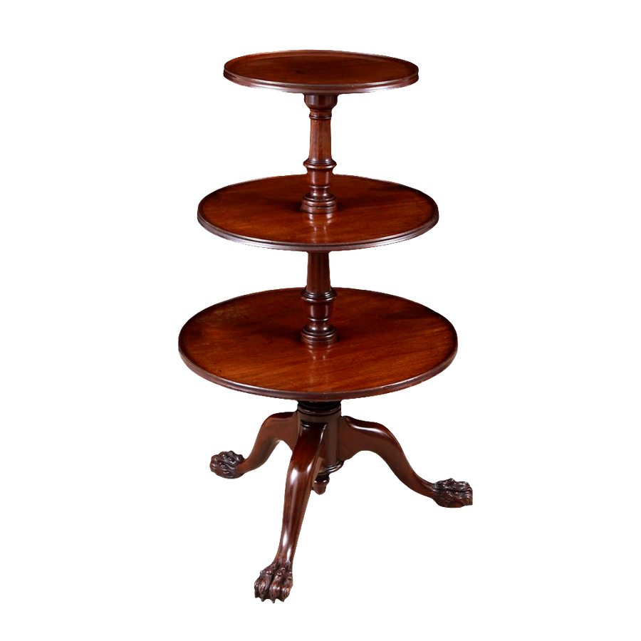 George II Mahogany Revolving Dumbwaiter with three tiers and hairy paw feet in Chippendale style circa 1750.
