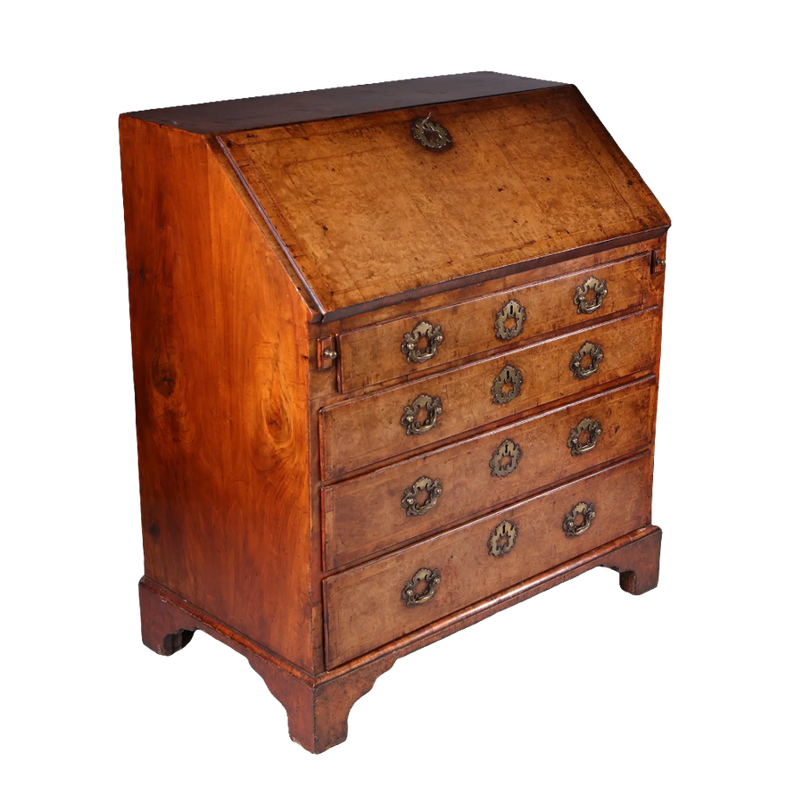 GEORGE I BURR WALNUT BUREAU CHEST early 18th century fall front desk with four drawers and brass handles.
