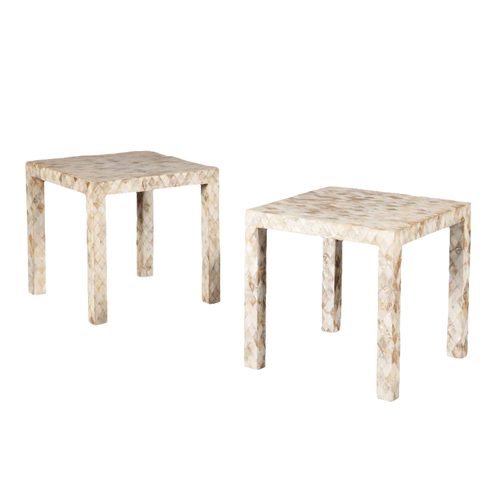 Pair Mughal style Mother of Pearl Square End Tables with polished abalone shell veneer, India, circa 2000, 51 cm square each.