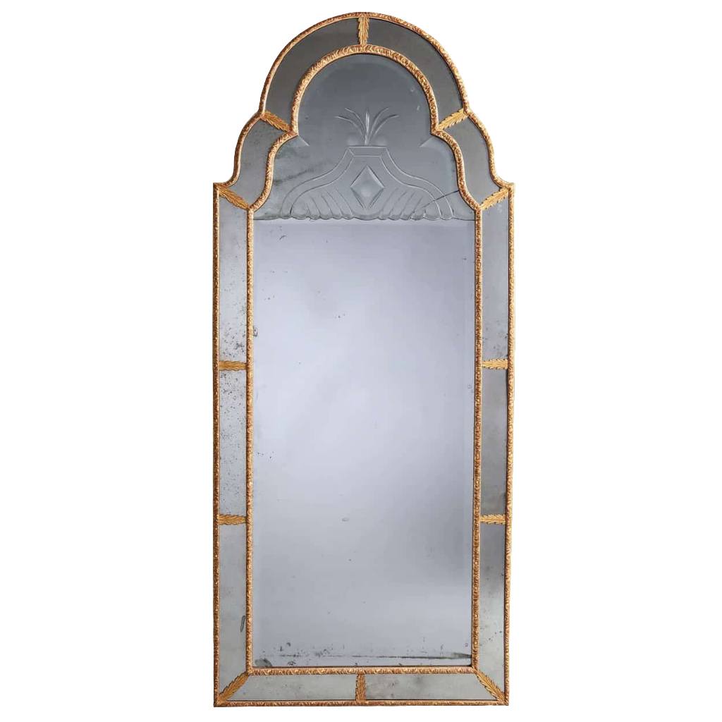Queen Anne Border Glass Giltwood Pier Mirror with engraved scallop-edge mercury plates in slim giltwood frame.