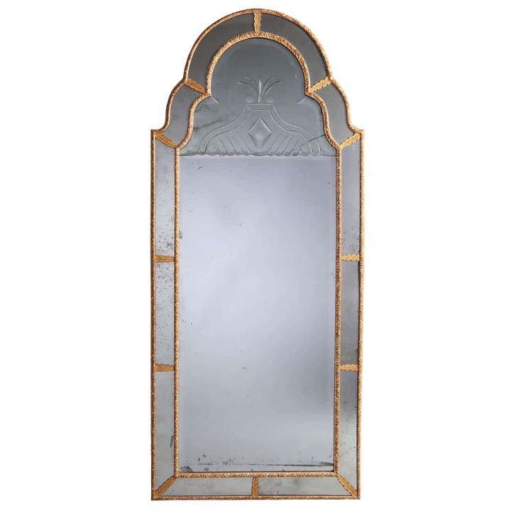 Queen Anne Border Glass Giltwood Pier Mirror with engraved scallop-edge mercury plates in slim giltwood frame.