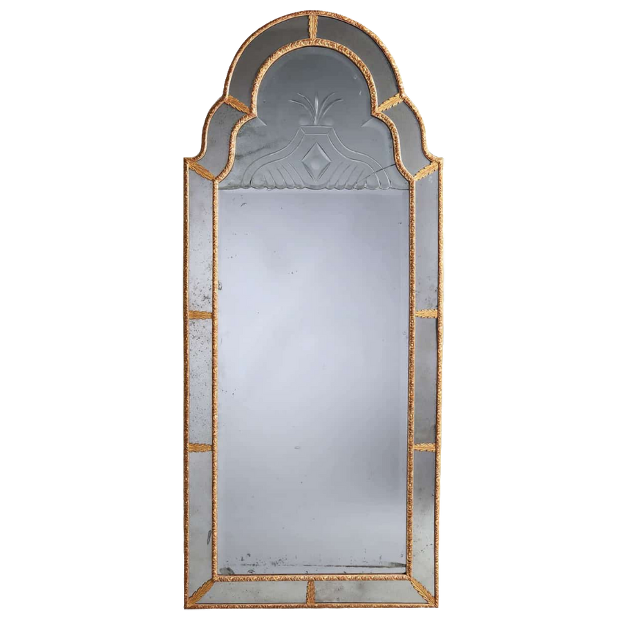 Queen Anne Border Glass Giltwood Pier Mirror with engraved scallop-edge mercury plates in slim giltwood frame.