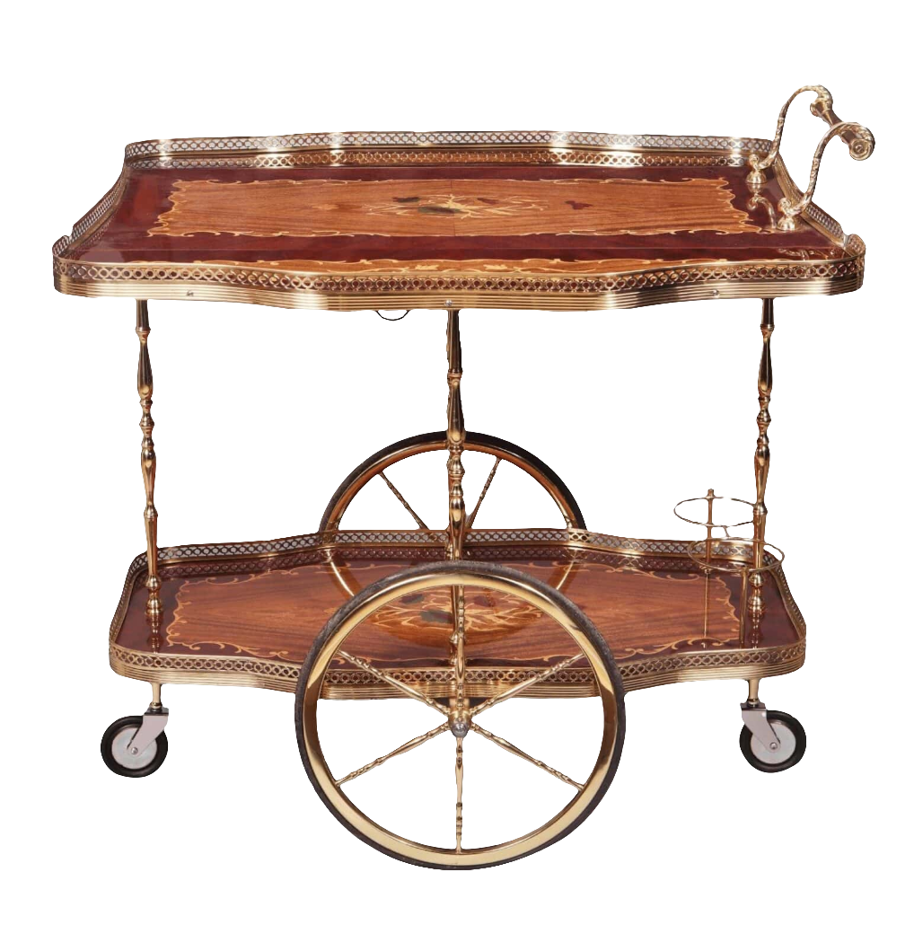 MID CENTURY ITALIAN MARQUETRY DRINKS TROLLEY with marquetry trays, brass galleries, and large central wheels circa 1960.