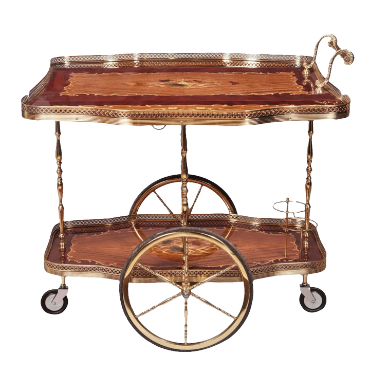 MID CENTURY ITALIAN MARQUETRY DRINKS TROLLEY with marquetry trays, brass galleries, and large central wheels circa 1960.