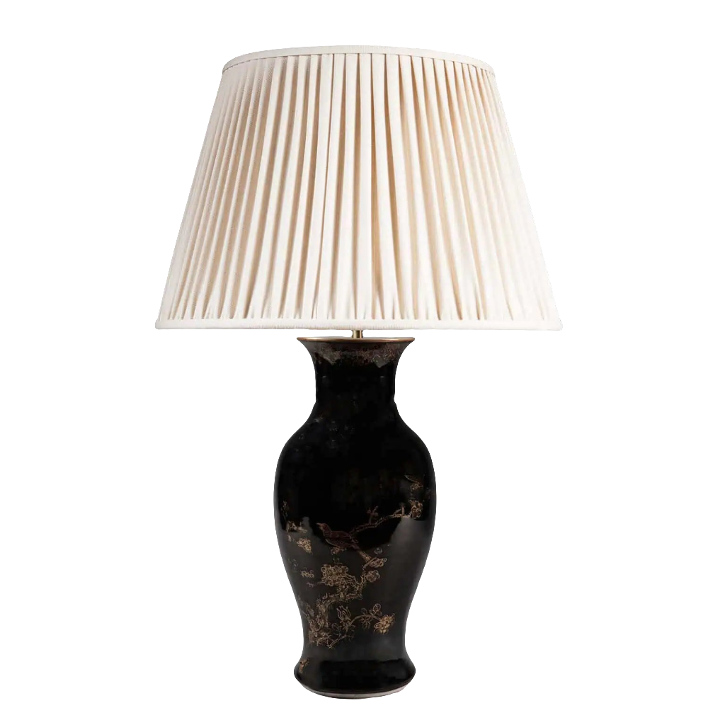 A Chinese Export Black Glazed and Gilt Table Lamp with 18th-century baluster vase and floral bird design.