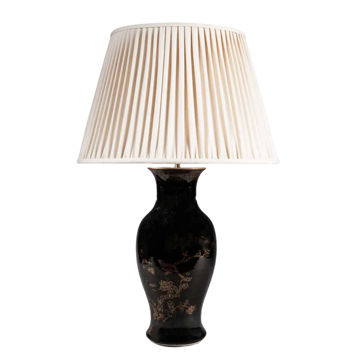 A Chinese Export Black Glazed and Gilt Table Lamp with 18th-century baluster vase and floral bird design.