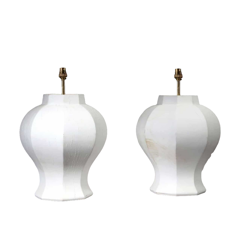 A Pair of Faceted Octagonal Wooden Lamps with white finish and brass fittings, France circa 2000, 37 cm diameter, 43 cm height.