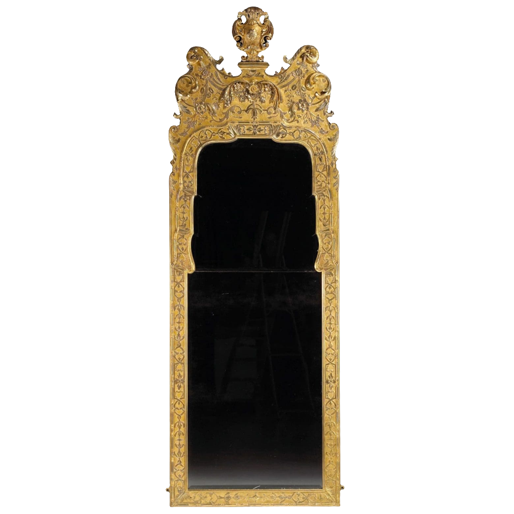 George I Gesso Pier Mirror with gilt gesso frame, carved strapwork, floral details, and split beveled mirror plates.