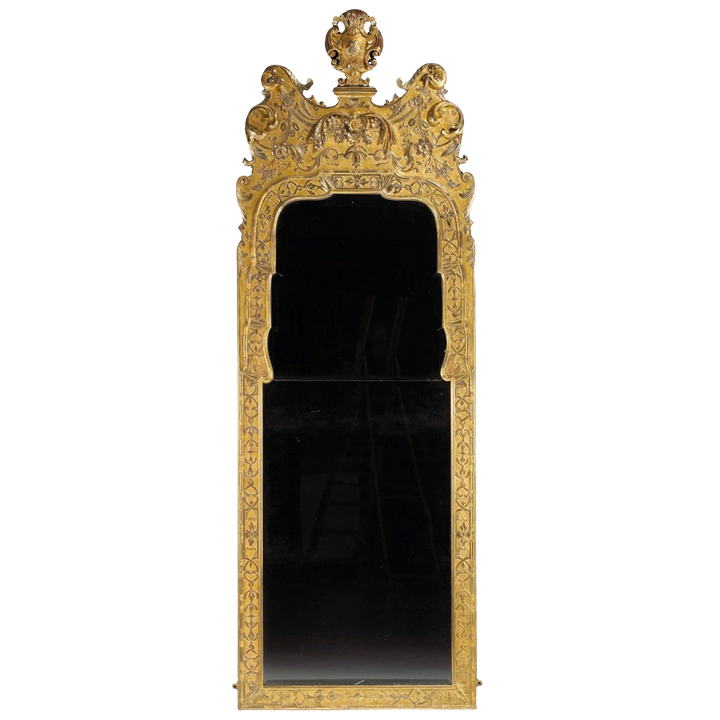 George I Gesso Pier Mirror with gilt gesso frame, carved strapwork, floral details, and split beveled mirror plates.
