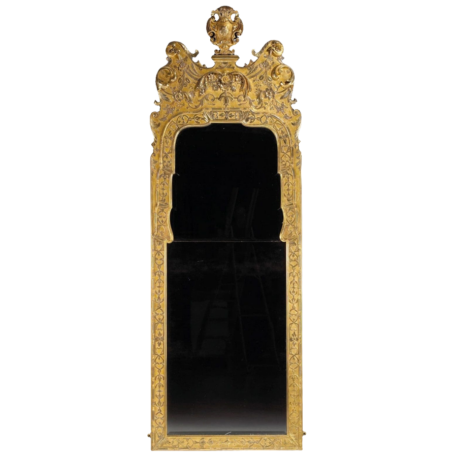 George I Gesso Pier Mirror with gilt gesso frame, carved strapwork, floral details, and split beveled mirror plates.