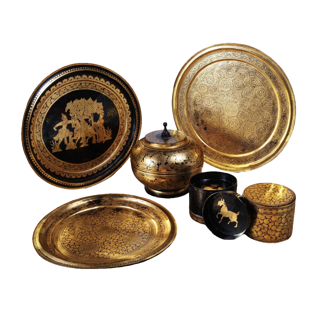 A Collection of Burmese Gilt Lacquer Trays and Objects