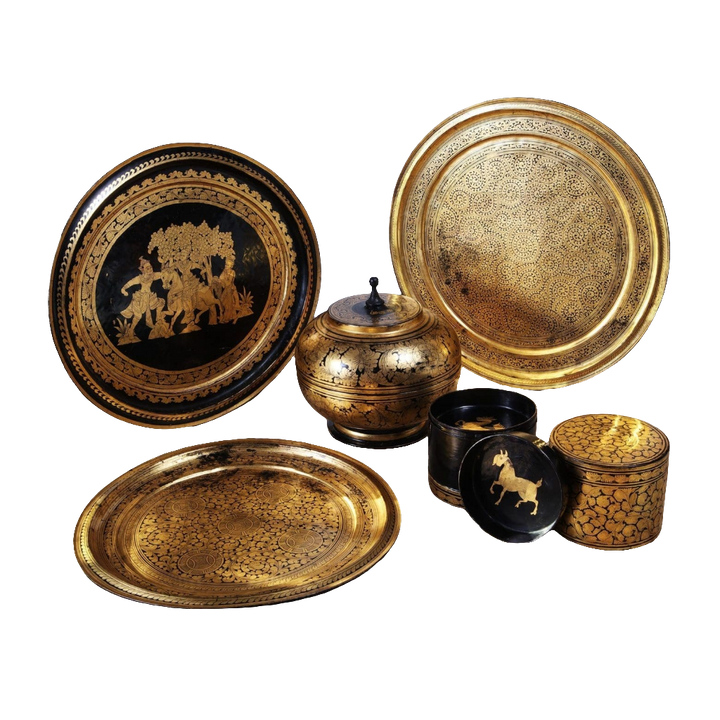 A Collection of Burmese Gilt Lacquer Trays and Objects