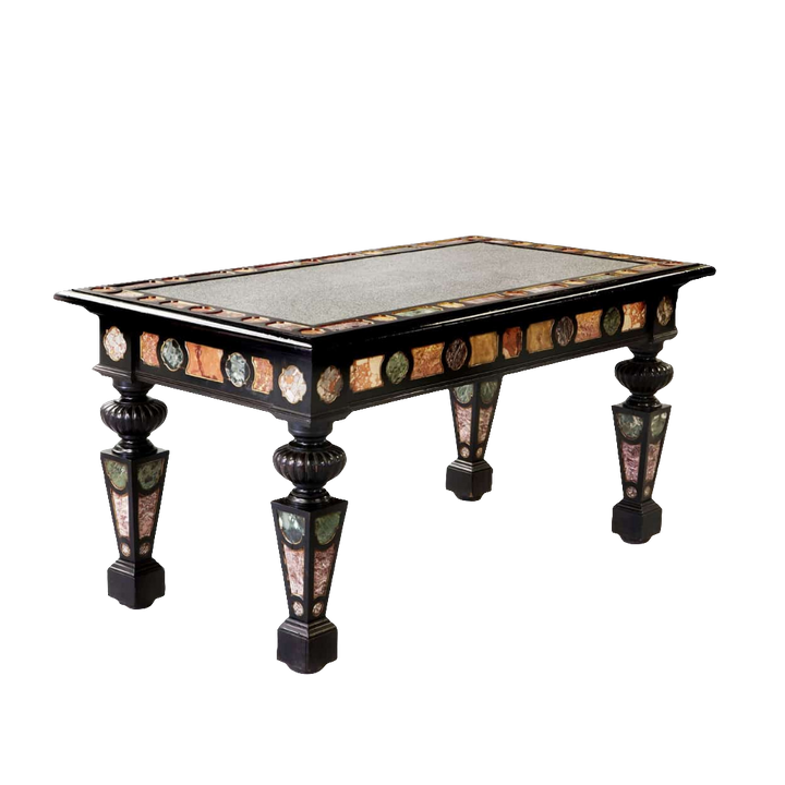 Important Antique Italian Marble Centre Table with Florentine marble inlays and ebonised gilt wood, circa 1870.