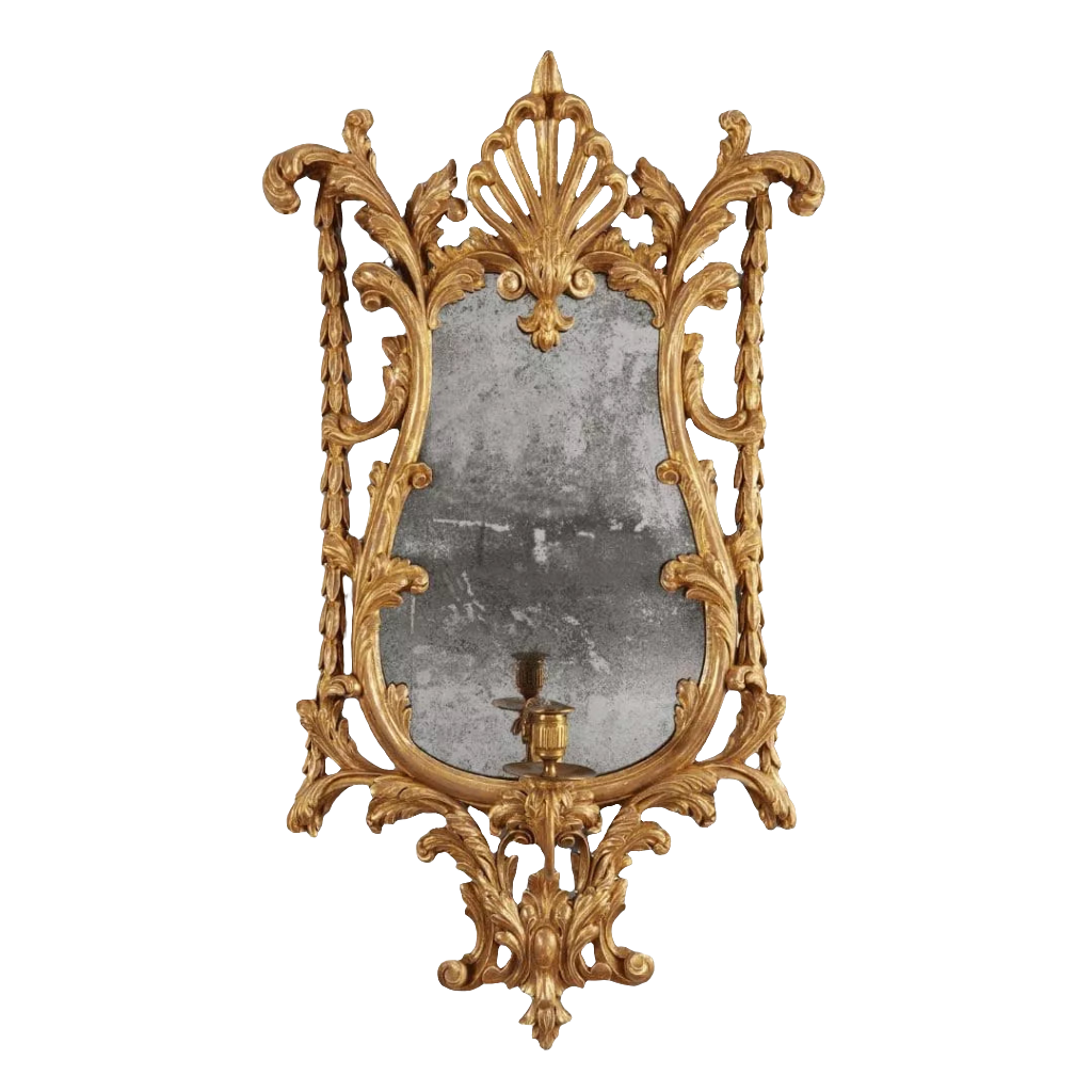 Georgian giltwood girandole mirror with carved anthemion, acanthus leaves, antique mirror plate, and candle arm.