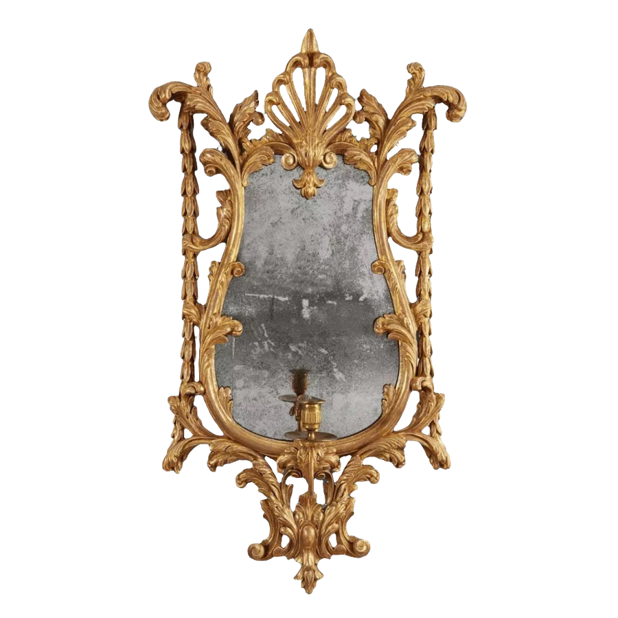 Georgian giltwood girandole mirror with carved anthemion, acanthus leaves, antique mirror plate, and candle arm.
