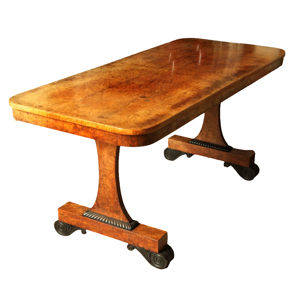 William IV End Support Amboyna Veneered Writing Table with burr wood veneer, circa 1830, British Isles craftsmanship.