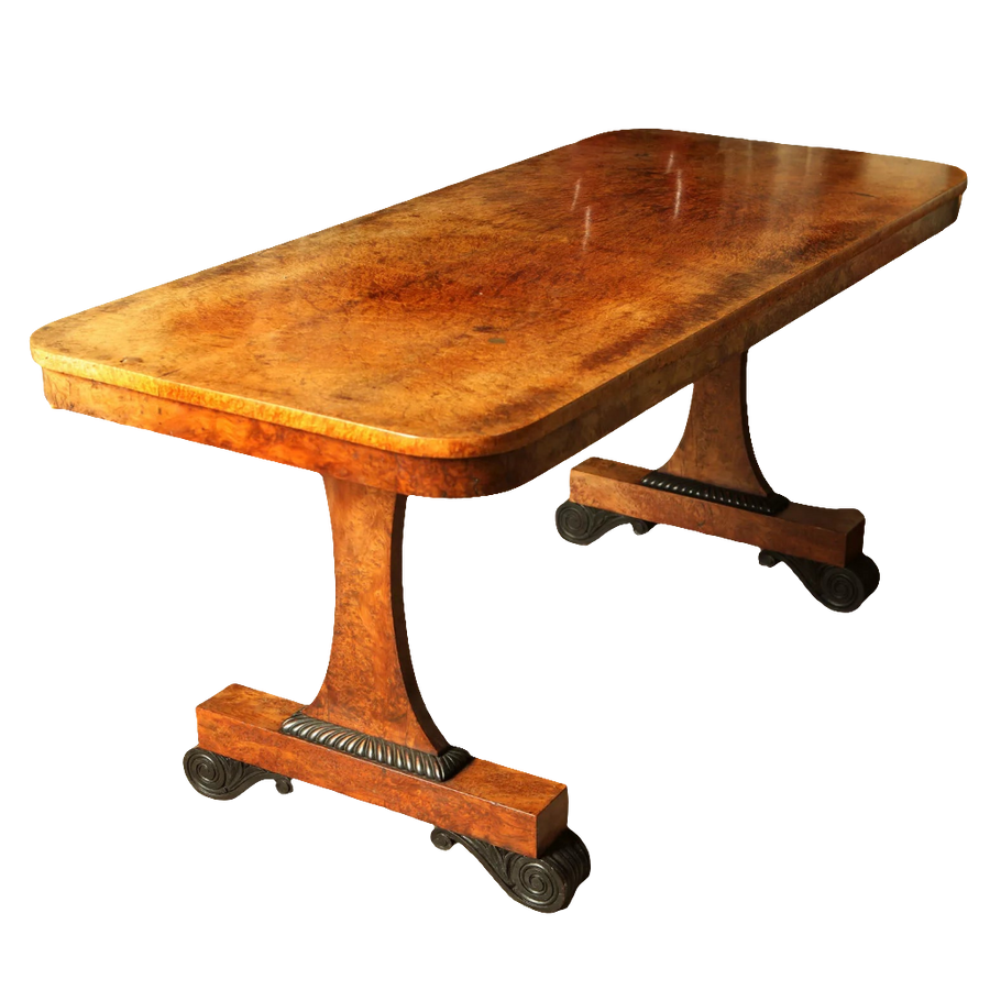 William IV End Support Amboyna Veneered Writing Table with burr wood veneer, circa 1830, British Isles craftsmanship.