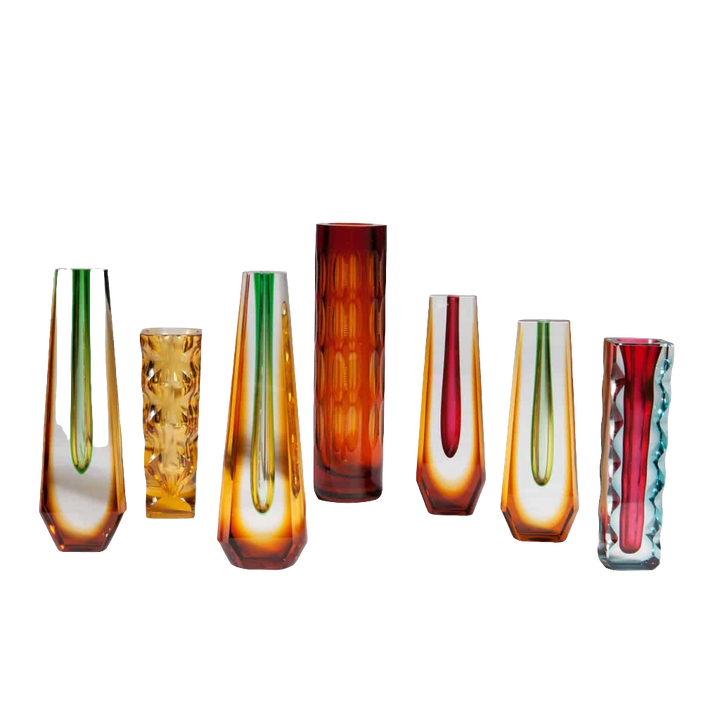 Seven Mid Century Bohemian Coloured Glass Vases