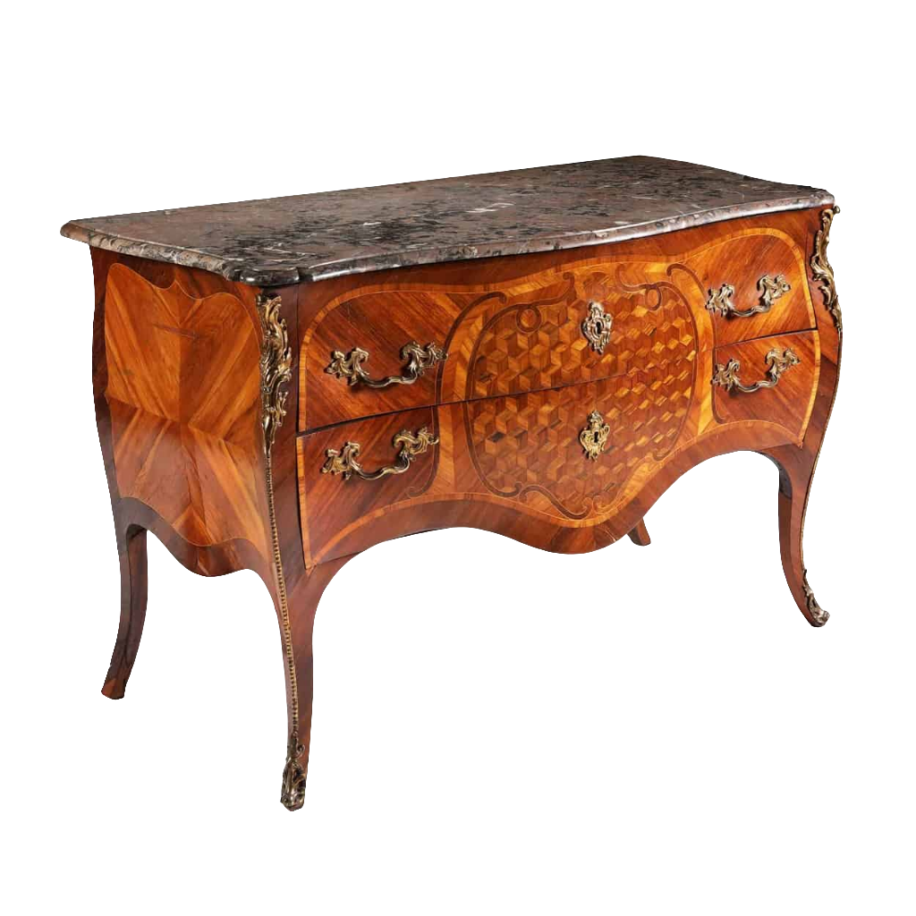 Louis XV Commode Sauteuse with bombe shape, parquetry wood, original marble top, and shaped legs, circa 1760.