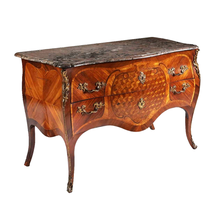 Louis XV Commode Sauteuse with bombe shape, parquetry wood, original marble top, and shaped legs, circa 1760.