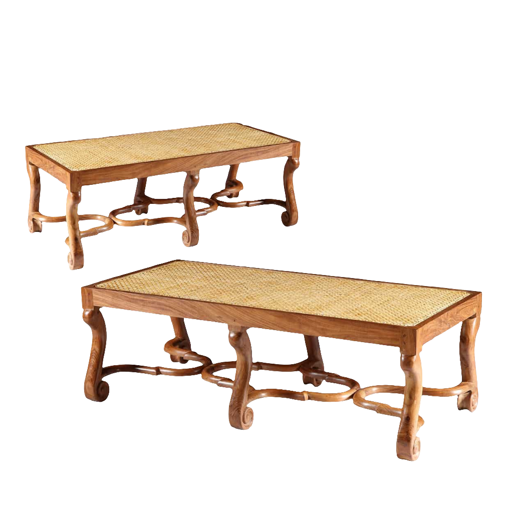 Pair of Walnut Long Caned Benches