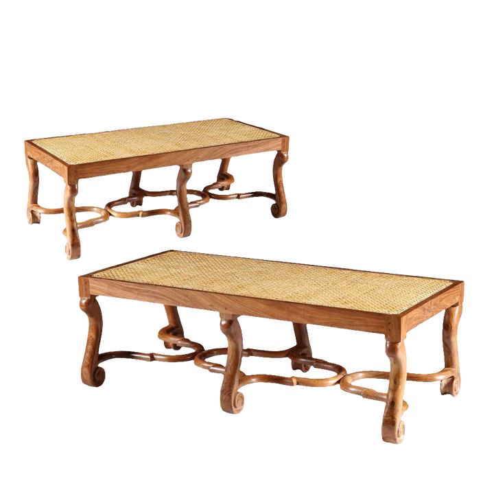 Pair of Walnut Long Caned Benches