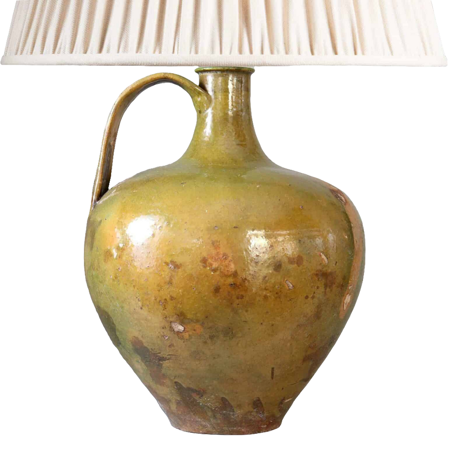 Large Green Glazed jar now mounted as a Table Lamp with a cream pleated lampshade, Portugal circa 1800.