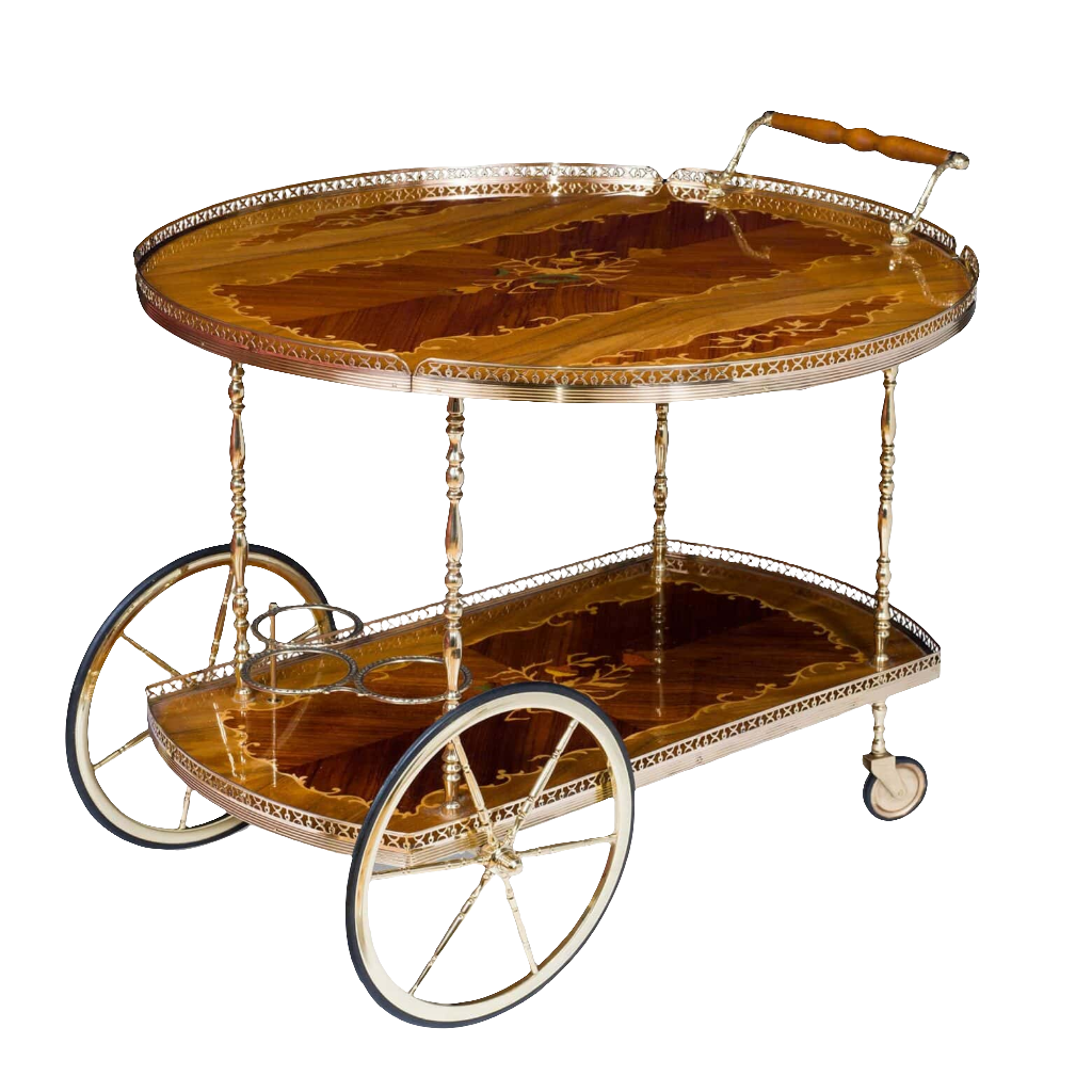 Mid Century Marquetry and Polished Brass Bar Cart Drinks Trolley