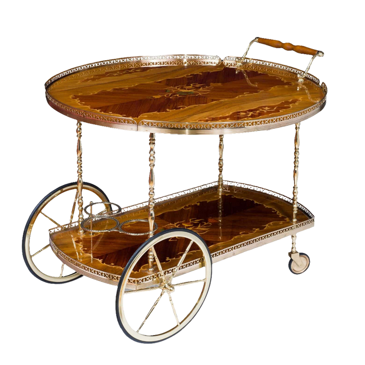 Mid Century Marquetry and Polished Brass Bar Cart Drinks Trolley