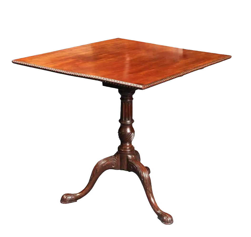 GEORGE III MAHOGANY RECTANGULAR TRIPOD TABLE with carved edges, fluted column, cabriole legs, and birdcage tilt mechanism circa 1770.