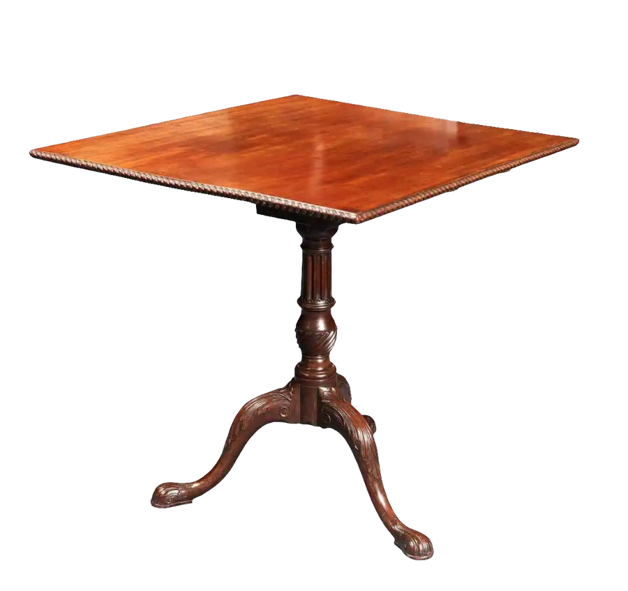 GEORGE III MAHOGANY RECTANGULAR TRIPOD TABLE with carved edges, fluted column, cabriole legs, and birdcage tilt mechanism circa 1770.