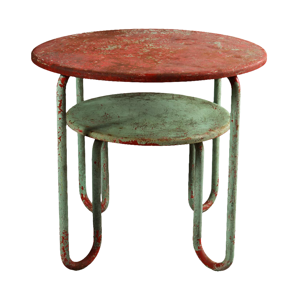 Mid Century Tubular Metal Modernist Table with two tone red and green paint, surface showing advanced deterioration.