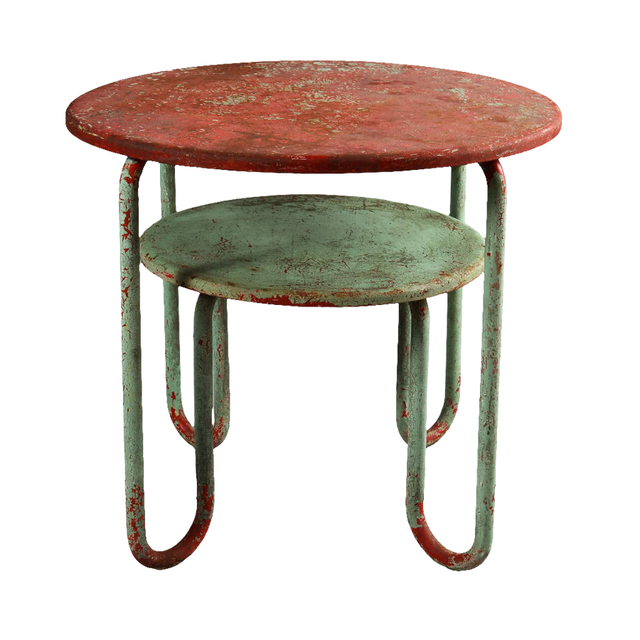 Mid Century Tubular Metal Modernist Table with two tone red and green paint, surface showing advanced deterioration.