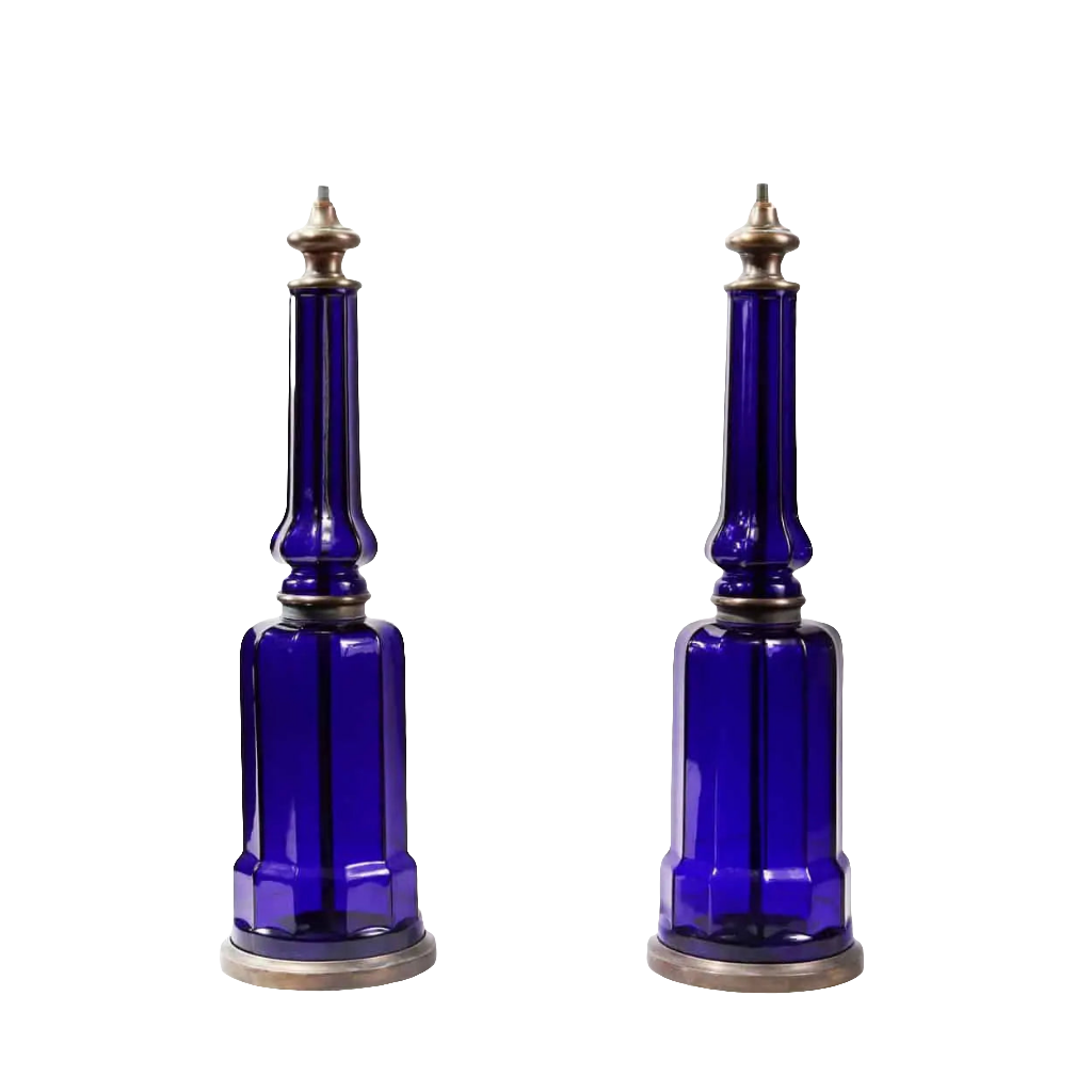 Pair of Blue Glass Column Table Lamps with rich blue glass and patinated metal bases and tops, circa modern France.