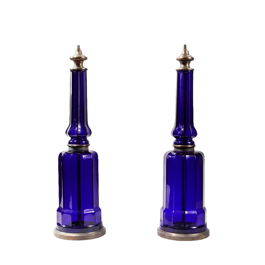 Pair of Blue Glass Column Table Lamps with rich blue glass and patinated metal bases and tops, circa modern France.