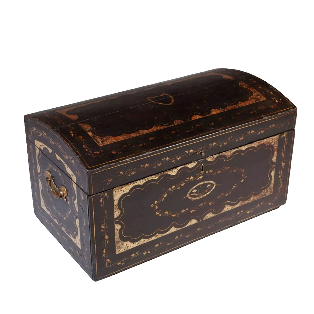 Chinese export Metamorphic Scholars Campaign Chest Desk black lacquer dome-topped trunk with gold and silver decor circa 1800