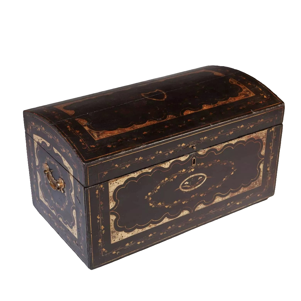 Chinese export Metamorphic Scholars Campaign Chest Desk black lacquer dome-topped trunk with gold and silver decor circa 1800