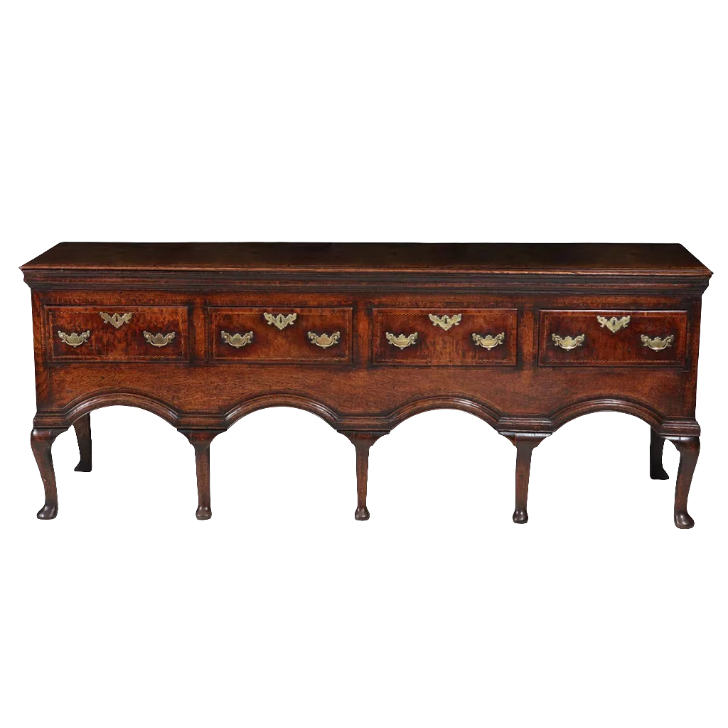Early Georgian Oak Sideboard with brass handles, cabriole legs, flat oak top, circa 1720, elegant 18th-century design.