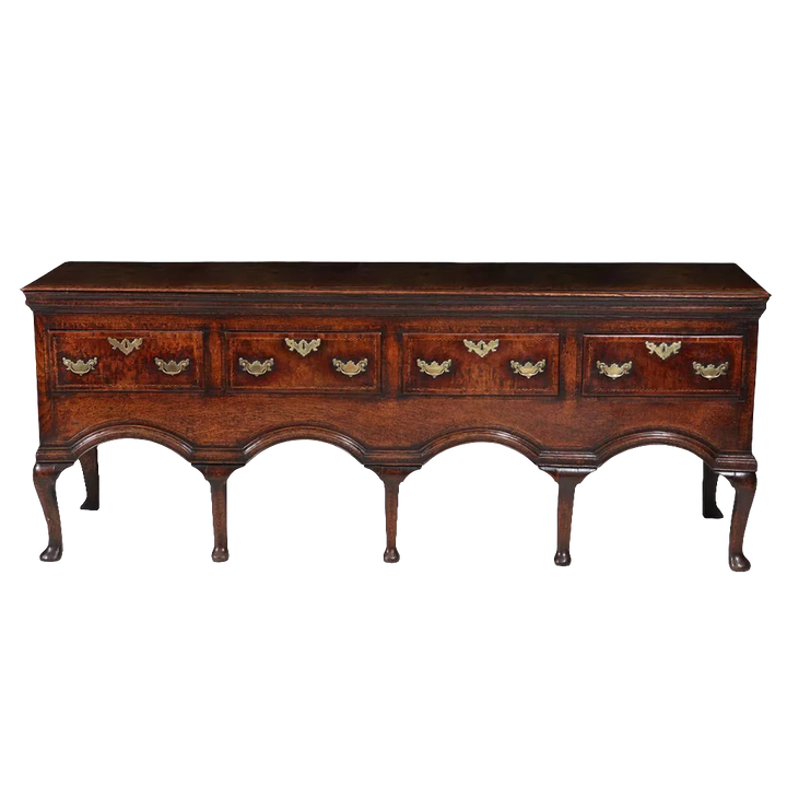 Early Georgian Oak Sideboard with brass handles, cabriole legs, flat oak top, circa 1720, elegant 18th-century design.