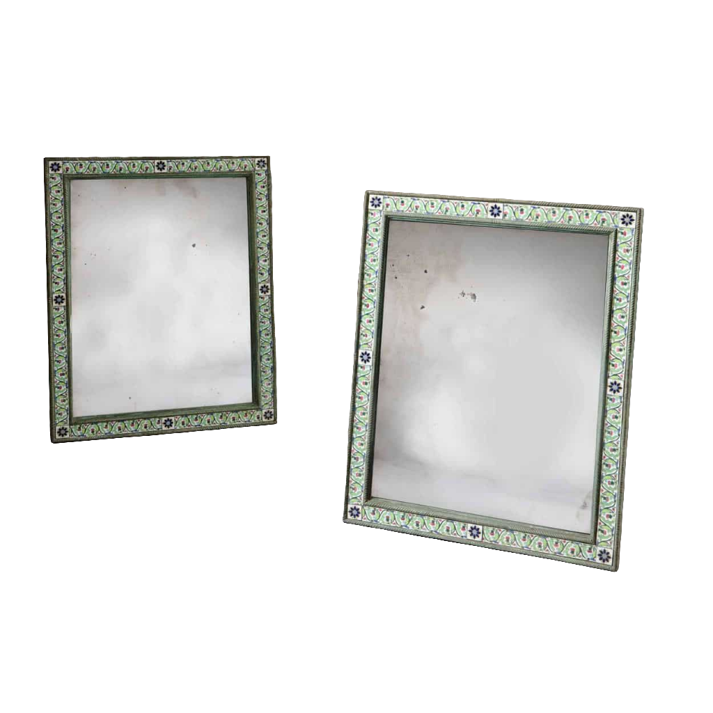 Pair Of Mughal Green Enamel Rectangular Mirrors with vibrant ornate borders, late 19th-century Indian decorative mirrors.