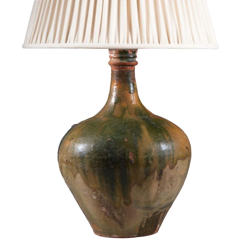 Glazed Ceramic Bottle Vase With Old Restorations Mounted as a Table Lamp with pleated fabric shade and antique finish
