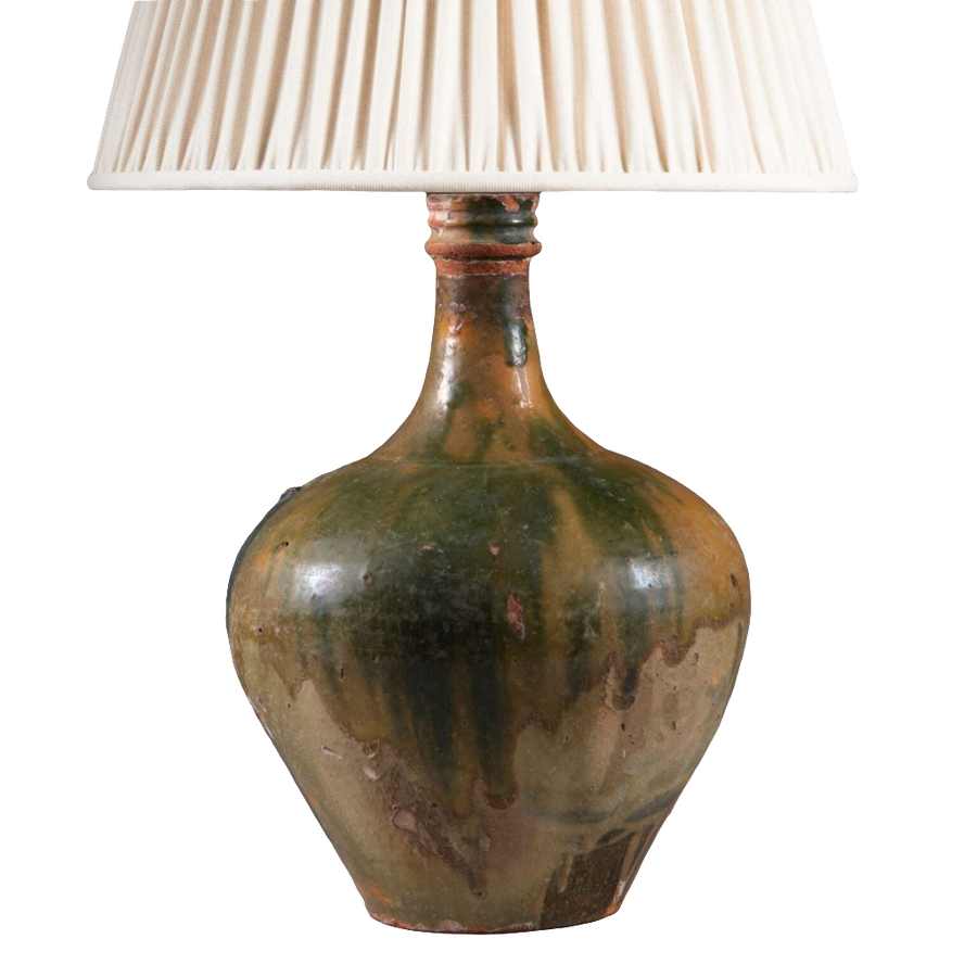 Glazed Ceramic Bottle Vase With Old Restorations Mounted as a Table Lamp with pleated fabric shade and antique finish