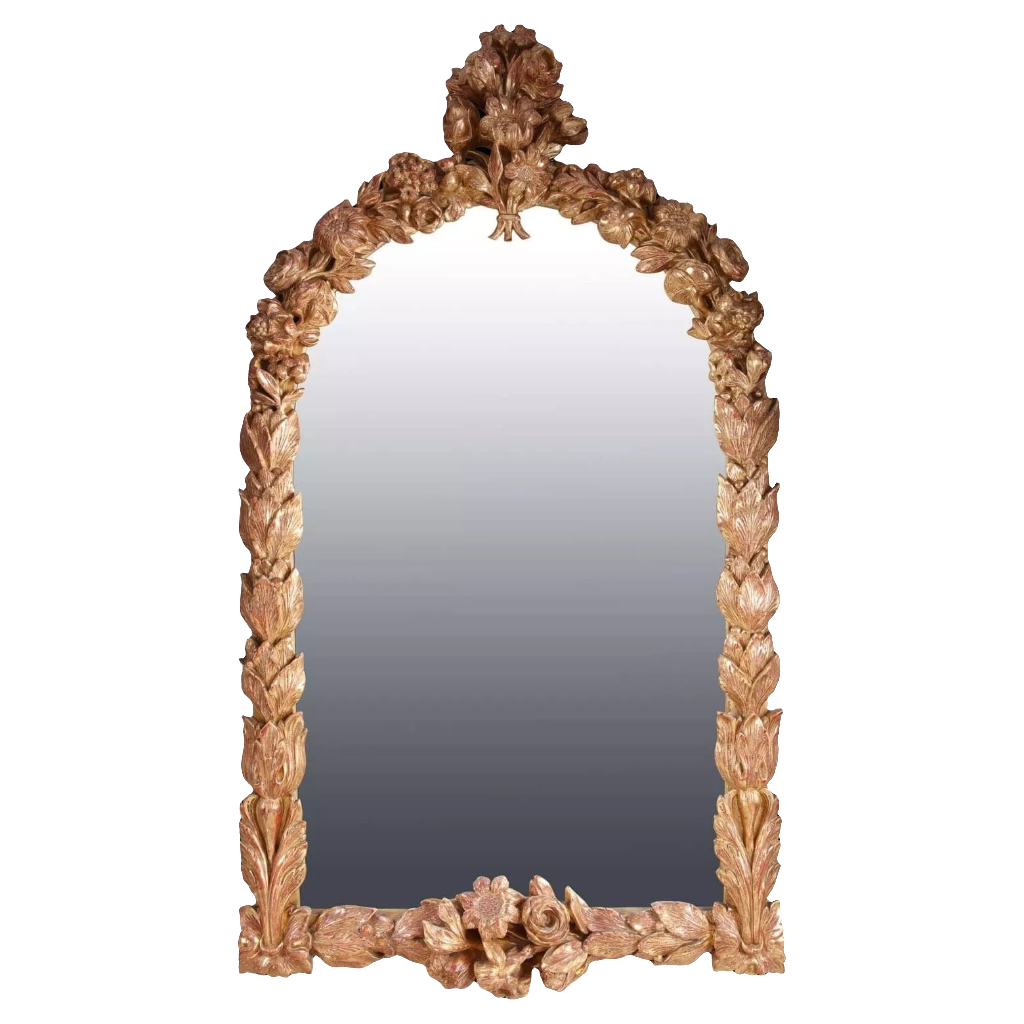 19th Century Giltwood Overmantel Mirror with intricate carved giltwood frame, French, circa 1875, large decorative piece.